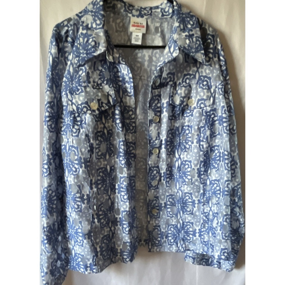 Ruby Rd. Collared Floral Blue Button-Up Shirt 16W Rayon Polyester Linen